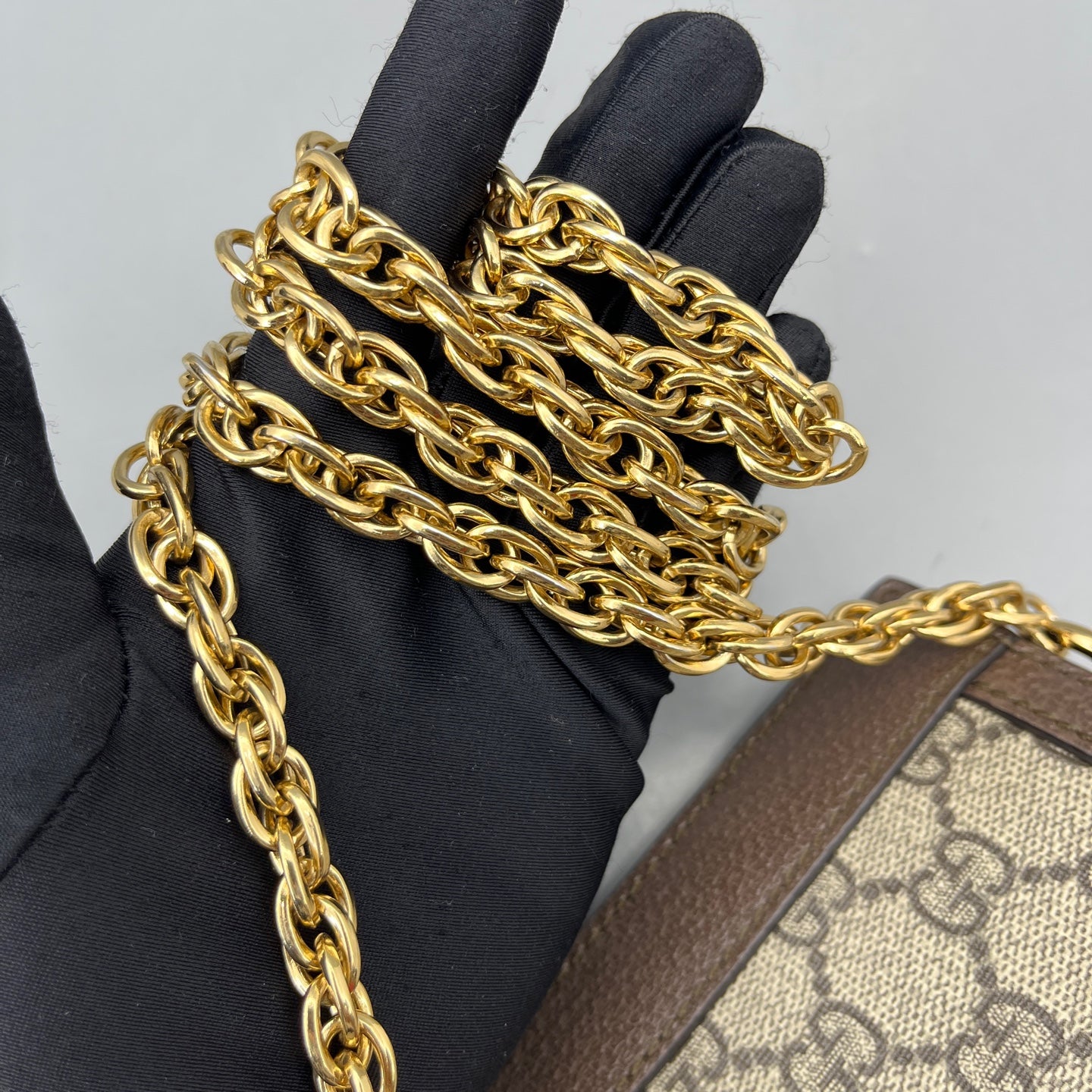 Gucci - Ophidia Chain Bag - GG Supreme coated canvas with leather trim - Ebony (Beige and Brown) with Red and Green Web - (mini)