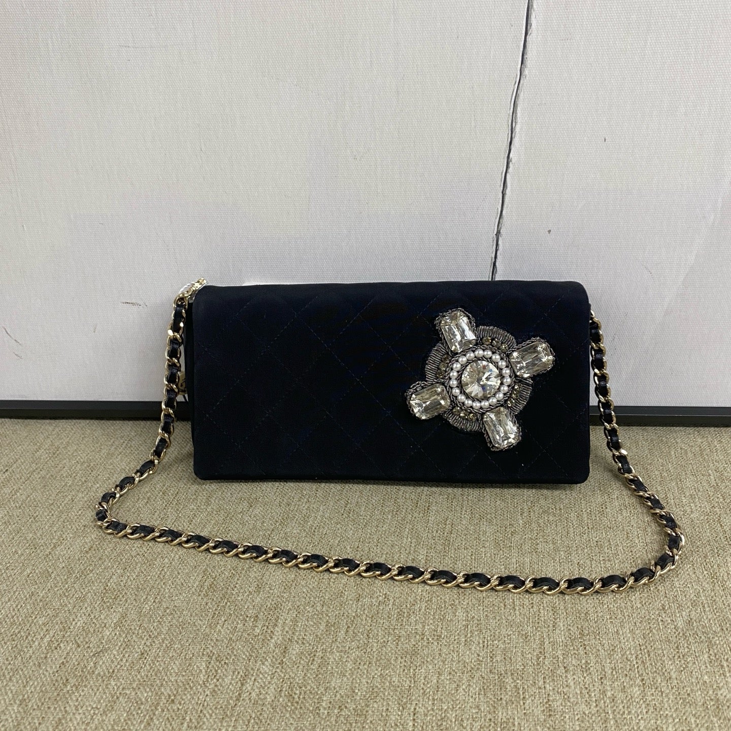 Chanel - WOC (Wallet on Chain) with Pearl and Rhinestone Embellishment - Fabric - Black - (Mini)