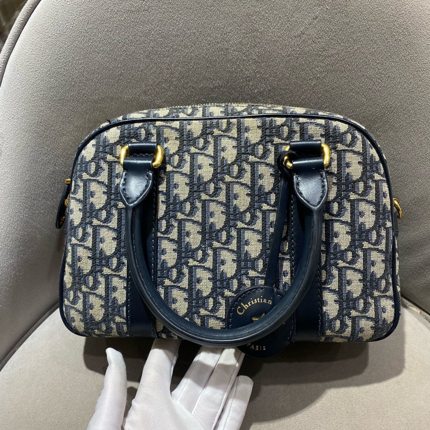 Dior - Dior Oblique Embroidered Bowling Bag - Cloth - Navy - (medium)