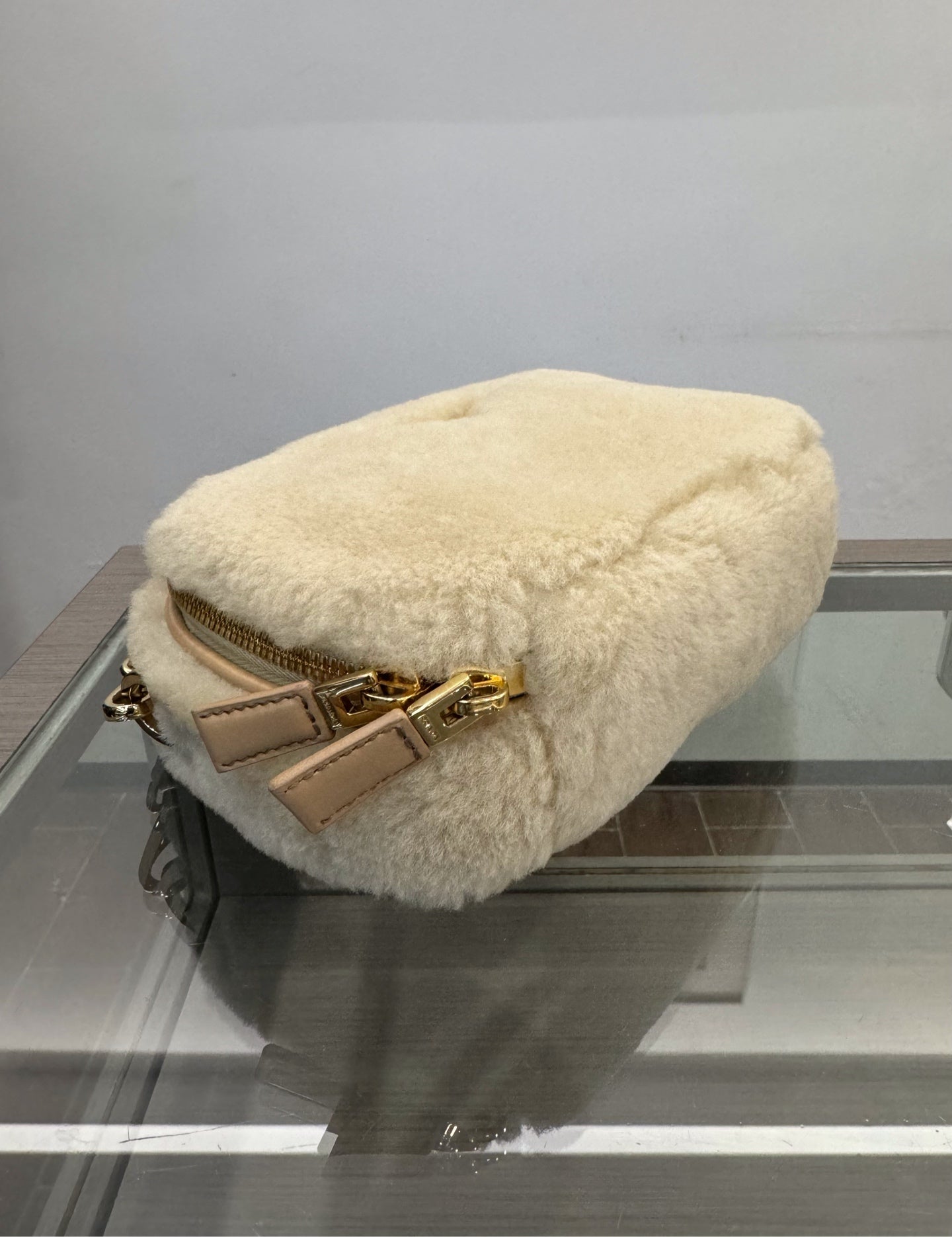 Prada - 1BH208 Shearling Mini Bag - Sheepskin shearling and Saffiano leather - Beige - (mini)