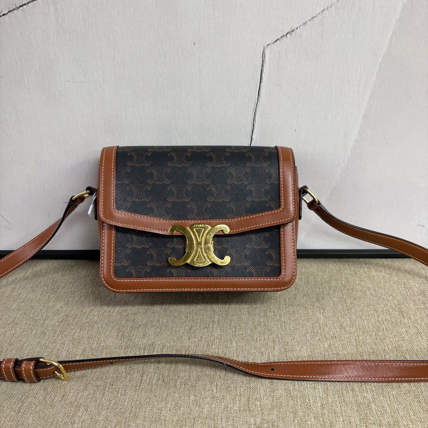 Celine - Triomphe Teen Box - Monogram canvas with calfskin leather trim - Brown and Black with Camel accents - (small)