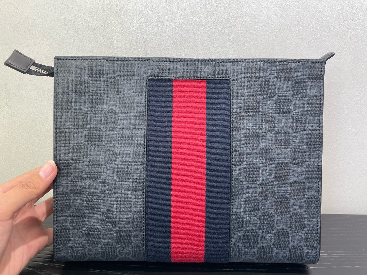 Gucci - GG Supreme Web Stripe Pouch - Coated canvas with leather trim and textile Web stripe - Grey with Red and Blue accents - (Medium)