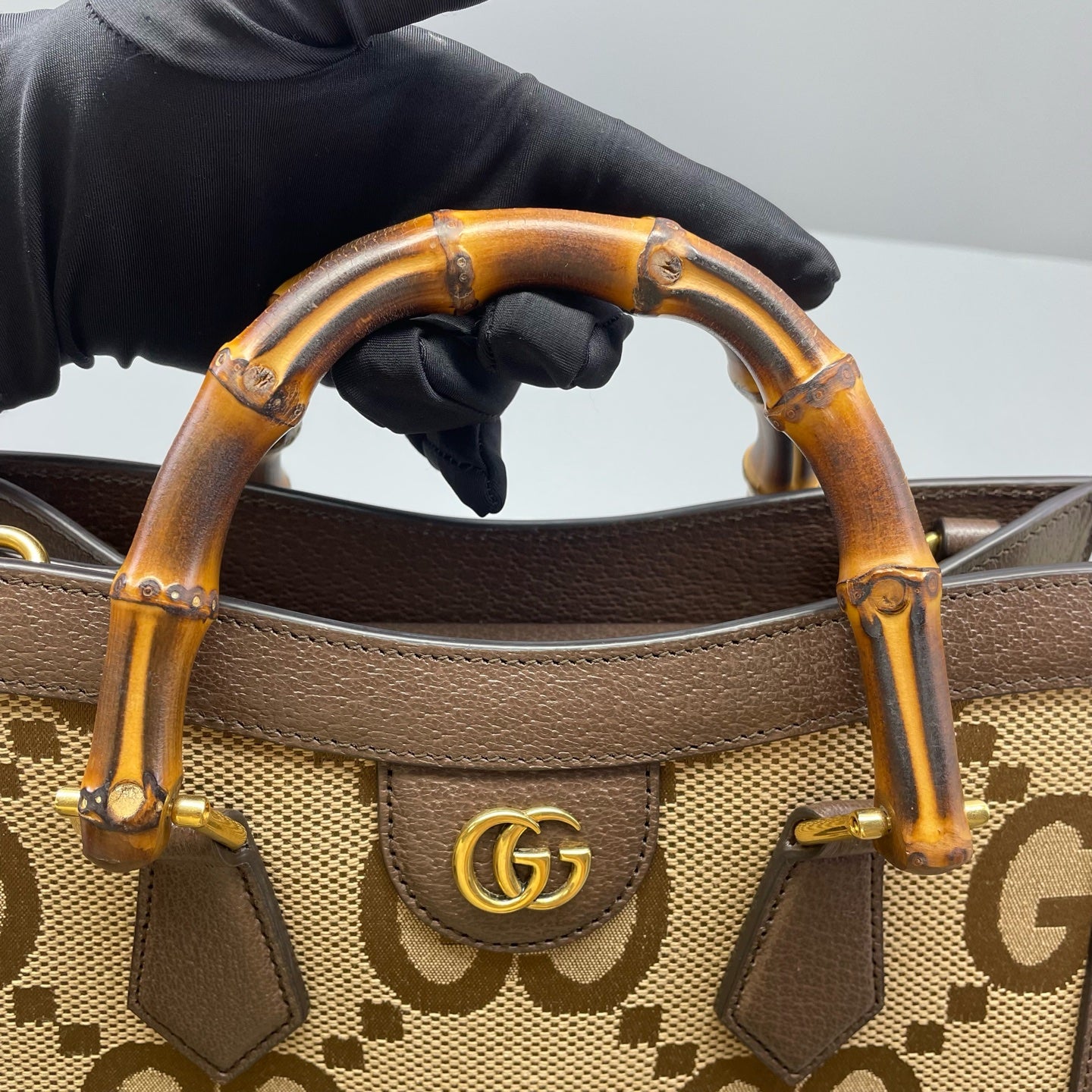 Gucci - Diana Bamboo Tote - GG Supreme canvas with dark brown leather trim and natural bamboo handles - Brown - (mini)