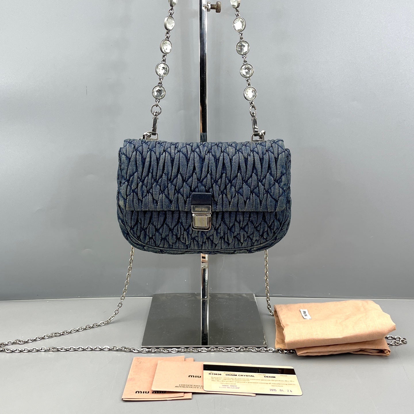 Miu Miu - Matelassé Denim Gemstone Chain Flap Bag - Denim - Blue - (mini)