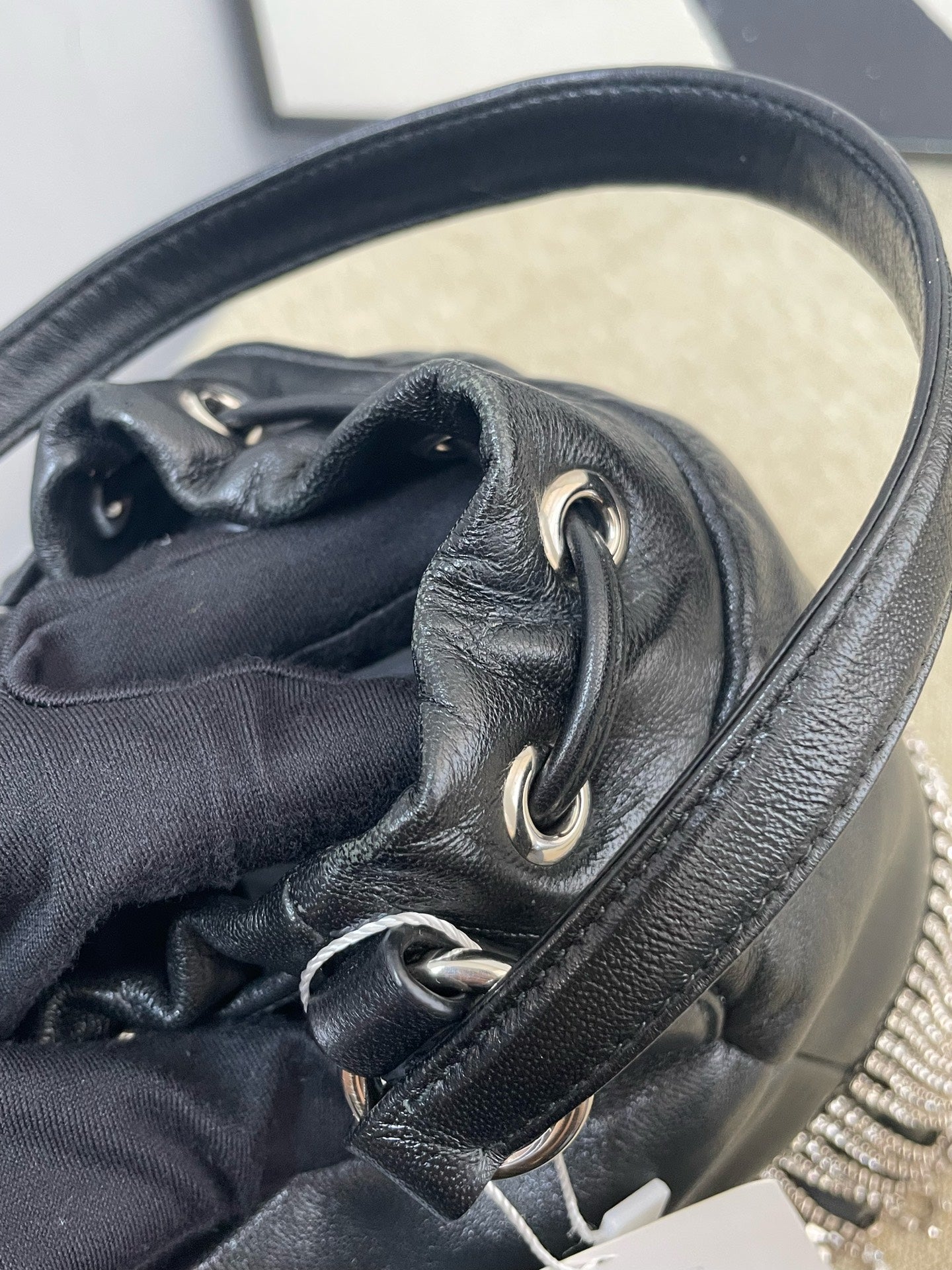 Miu Miu - Rhinestone Tassel Bucket Bag - Lambskin leather with rhinestone embellishment - Black - (mini)