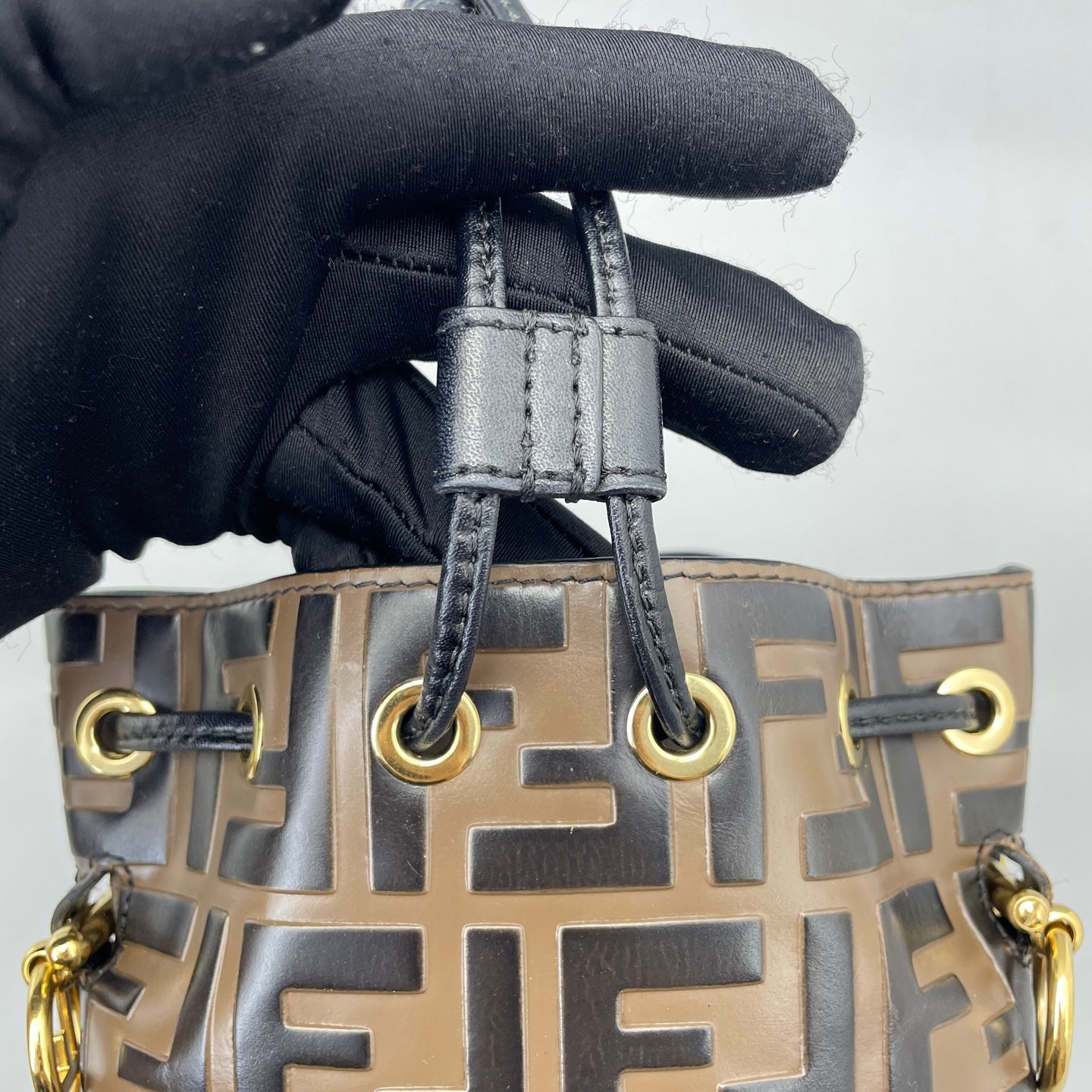 Fendi - Mon Tresor Mini Bucket Bag - Embossed leather - Brown and Black with Gold-Tone Hardware - (mini)