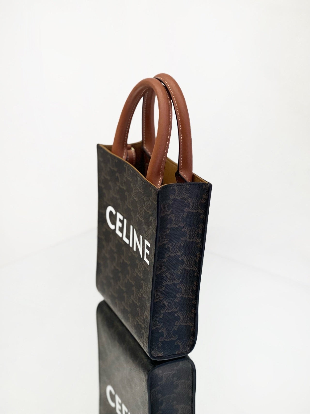 Celine - Cabas Vertical Mini - Triomphe coated canvas and calfskin leather - Brown - (mini)