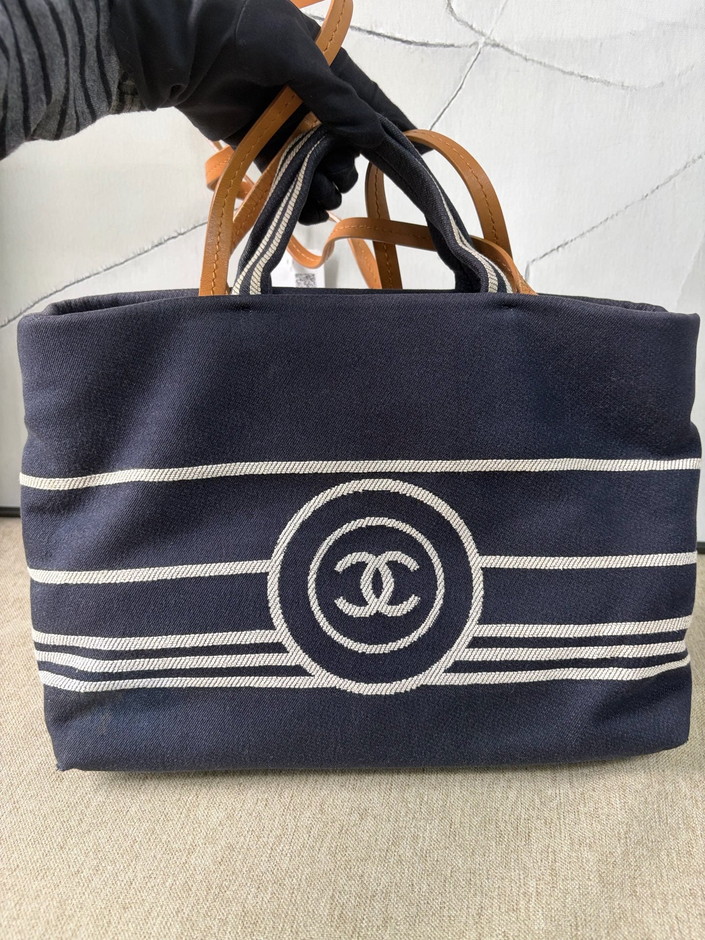 Chanel - Beach Tote - Canvas with Leather trim - Navy with Brown handles - (Medium)