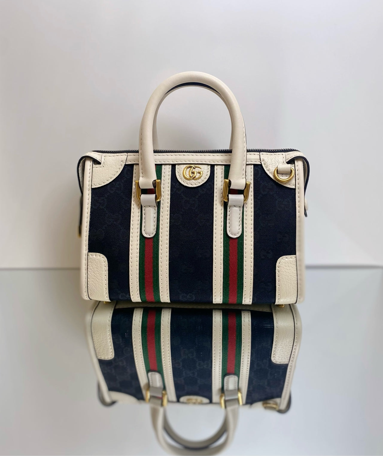 Gucci - Exquisite Top Handle Bag - GG Canvas and Leather - Black with White trim and Red/Green Web - (mini)