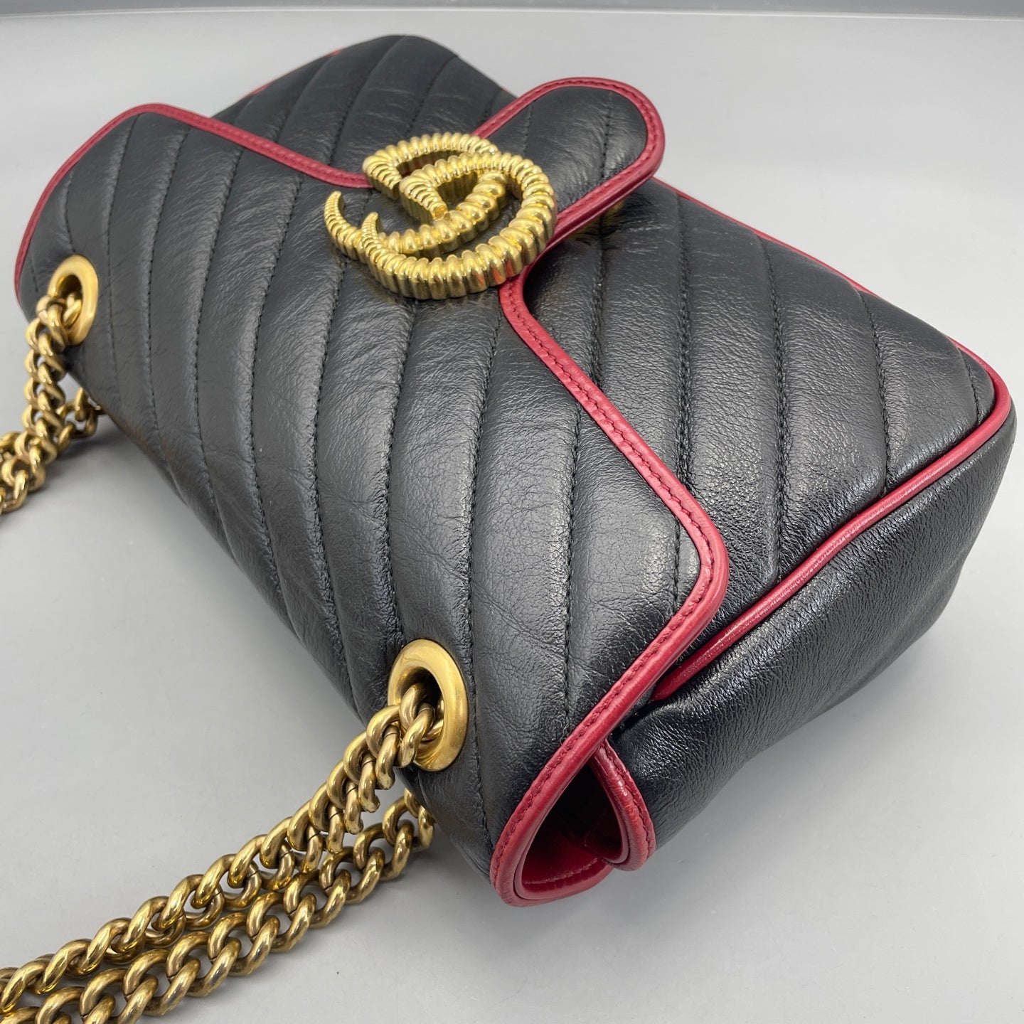Gucci - GG Marmont Small Shoulder Bag - Leather - Black with Red Trim - (small)