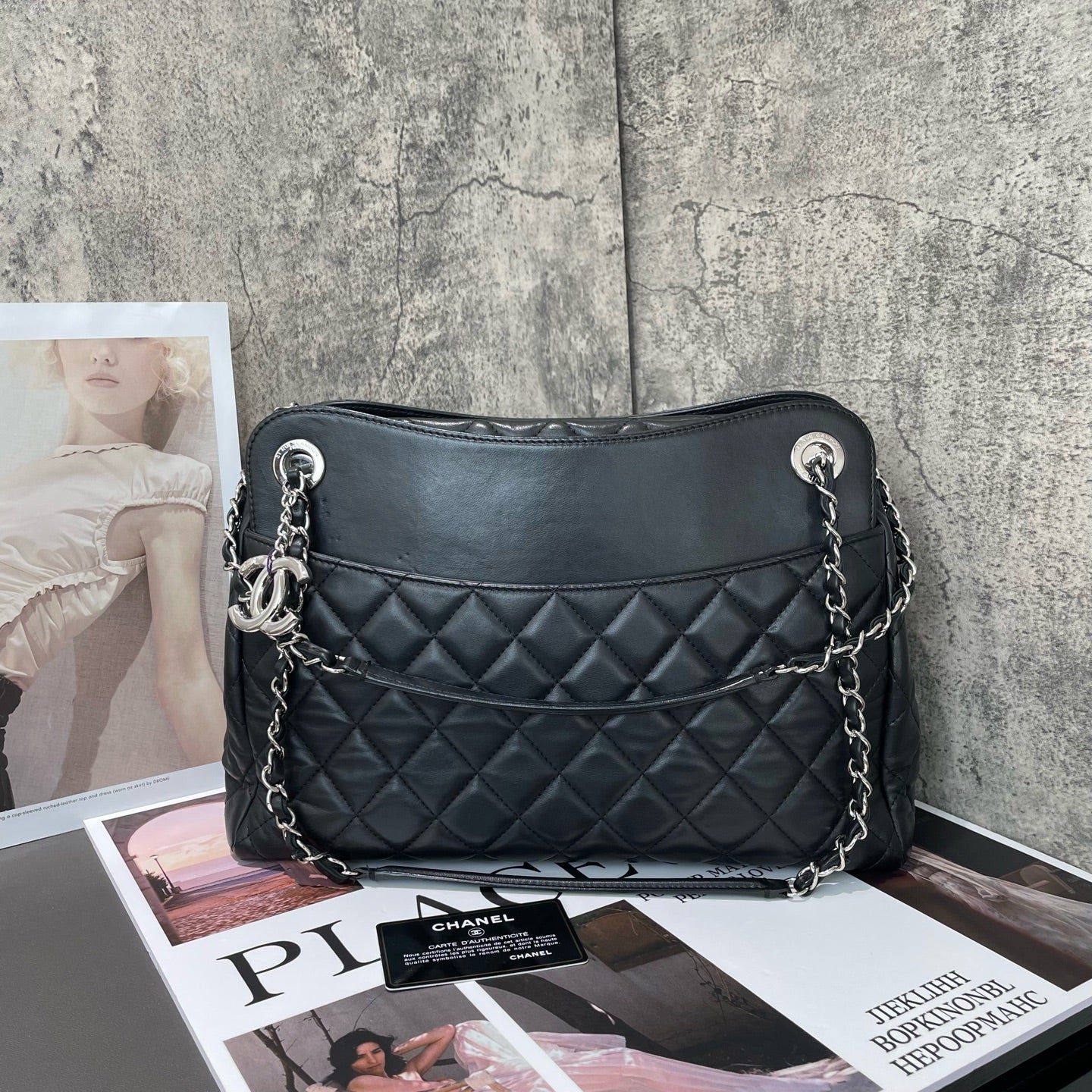 Chanel - Large Shopping Tote - Quilted lambskin leather with smooth leather trim - Black with silver-tone hardware - (Large)
