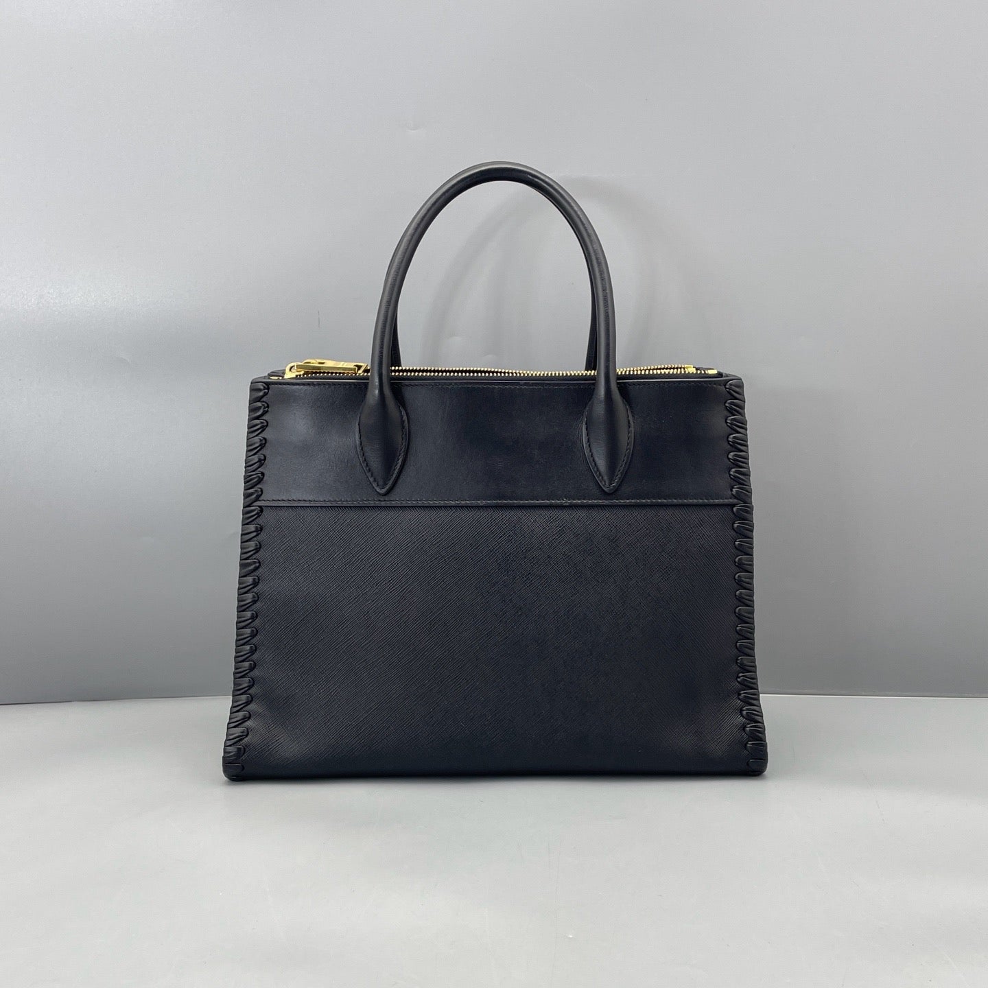 Prada - Saffiano Leather Tote with Laced Details - Leather - Black - (Medium)