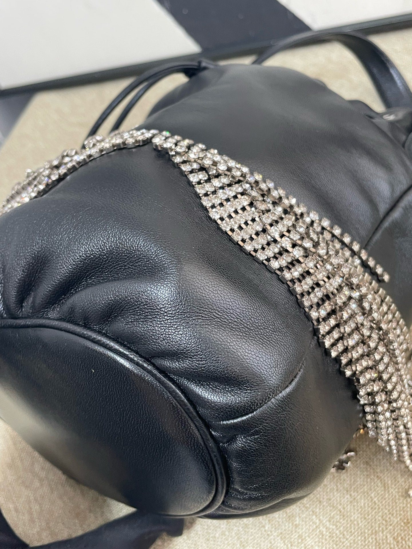 Miu Miu - Rhinestone Tassel Bucket Bag - Lambskin leather with rhinestone embellishment - Black - (mini)