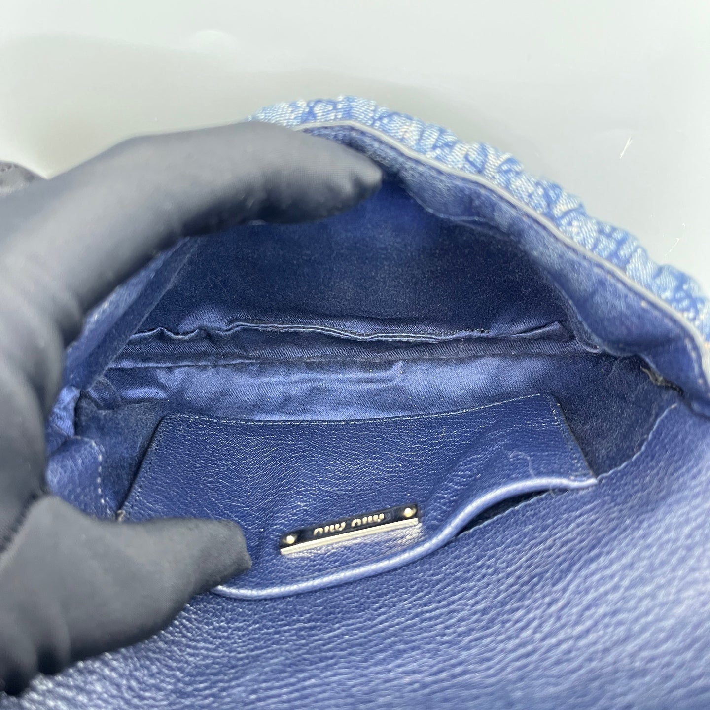 Miu Miu - Matelassé Denim Gemstone Chain Flap Bag - Denim - Blue - (mini)