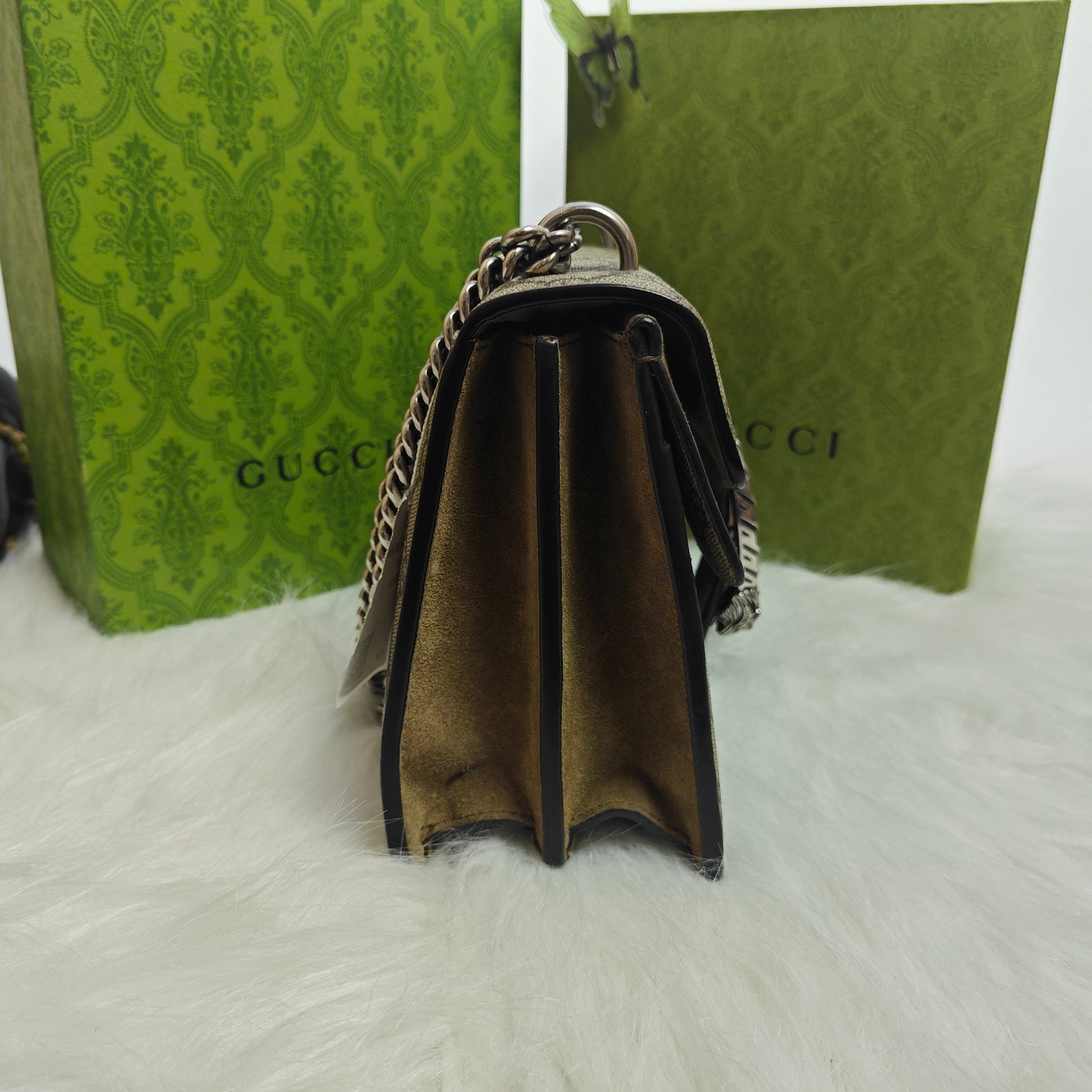 Gucci - Dionysus Shoulder Bag - GG Supreme coated canvas with suede leather trim and interior - Beige (canvas) and Camel (suede) with Aged Silver-Tone Hardware - (Medium)