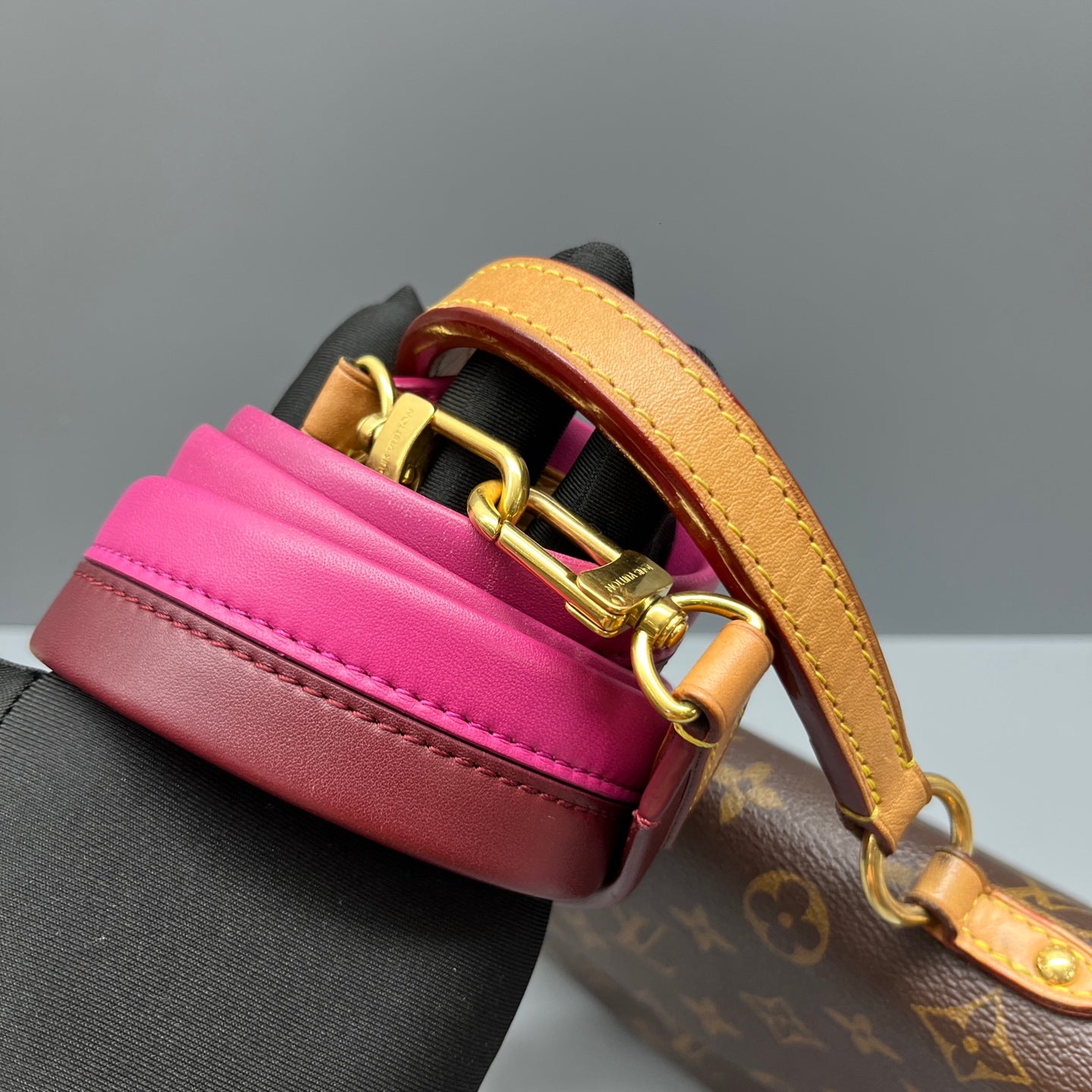 Louis Vuitton - Cluny BB - Monogram coated canvas with leather trim - Brown (Monogram canvas), Fuchsia (strap), Burgundy (strap underside), Natural (Vachetta leather) - (small)