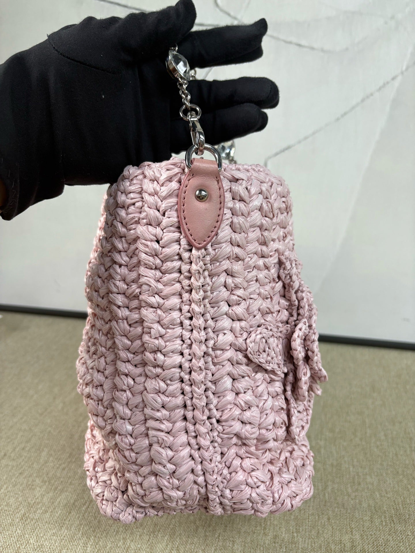 Miu Miu - Rafia Crystal Bucket Bag - Raffia with crystal embellishments and leather trim - Pink - (small)