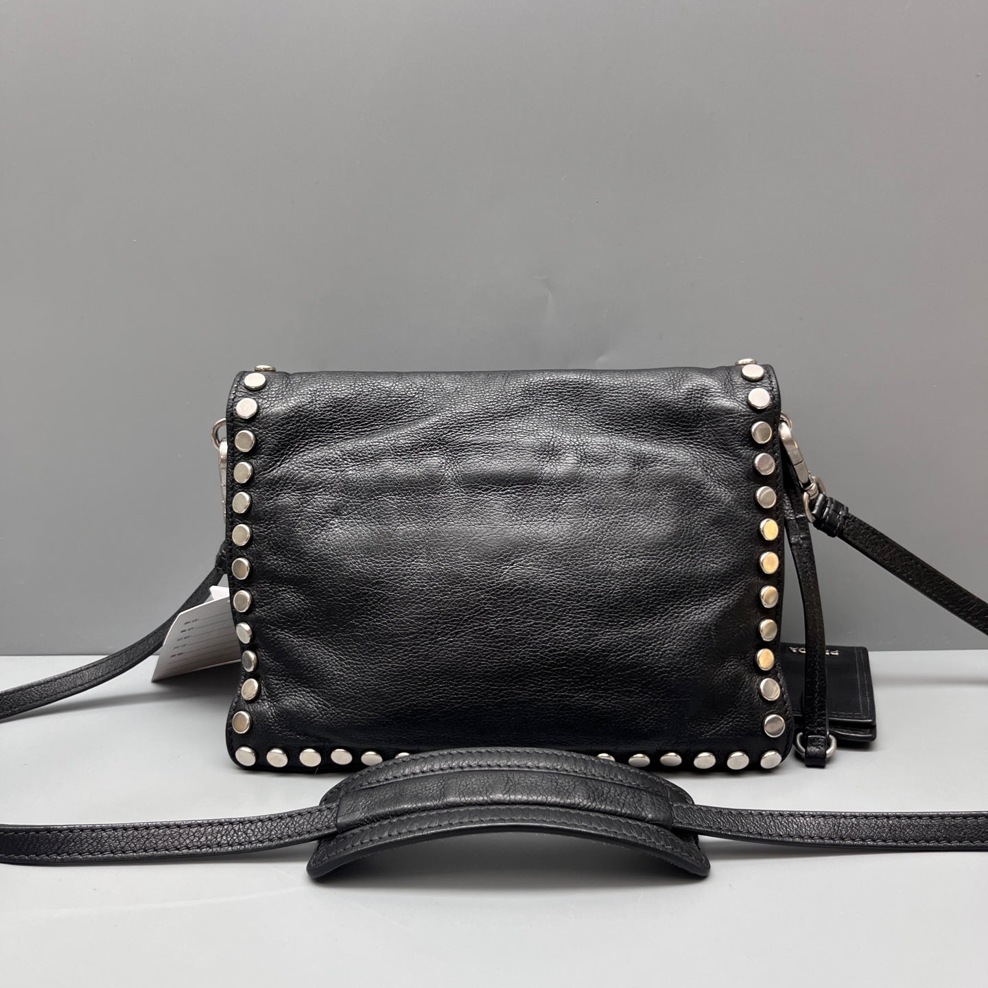 Prada - Etiquette Studded Messenger Bag - Leather - Black - (Mini)
