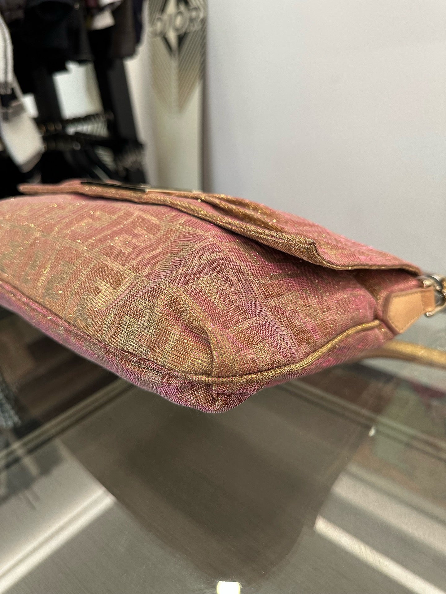 Fendi - Zucca Glitter Shoulder Bag - Glitter-coated canvas with leather trim - Pink with Gold glitter - (large)