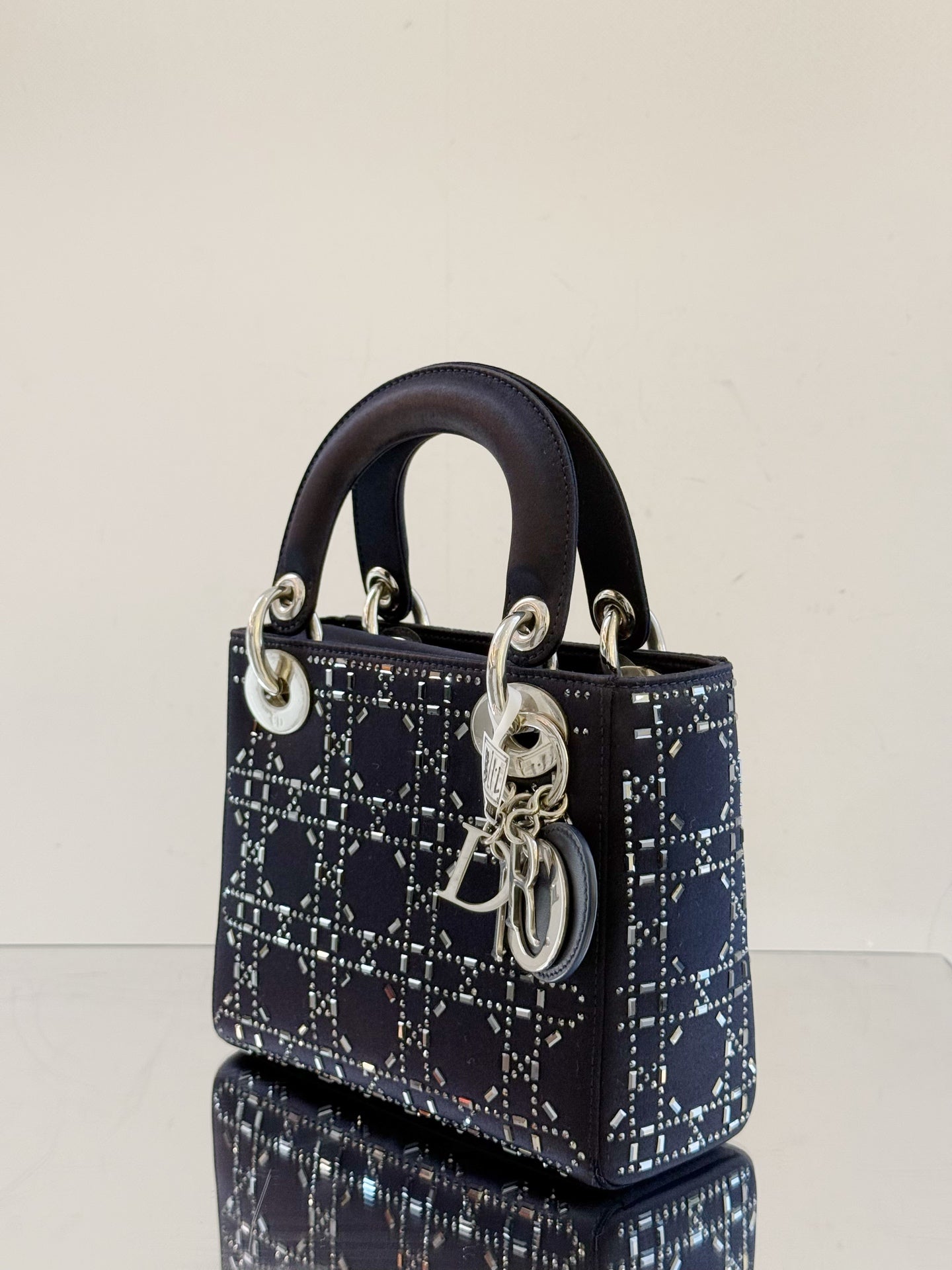 Dior - Lady Dior Mini - Satin with Crystal Embellishments - Navy Blue - (mini)