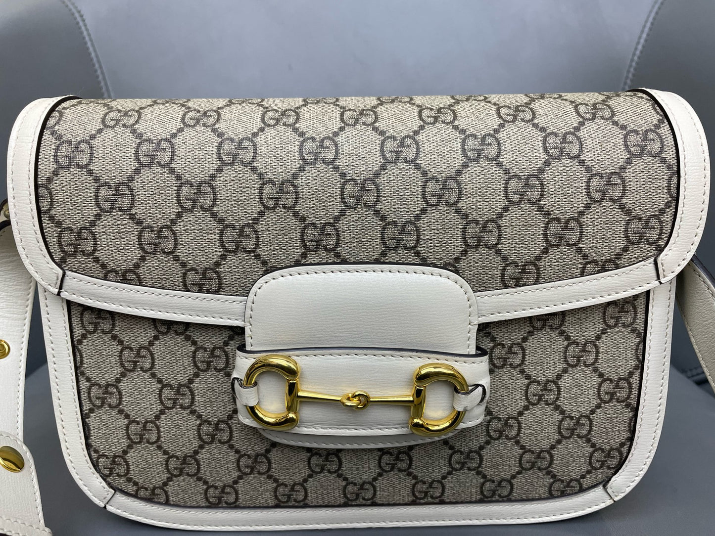 Gucci - 1955 Horsebit Shoulder Bag - GG Supreme Canvas with Leather Trim - White with Beige/Ebony Accents - (Medium)