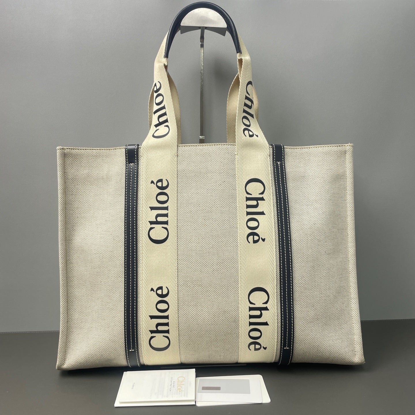 Chloé - Woody Tote Bag - Linen canvas with leather trim - Beige with Black accents - (large)