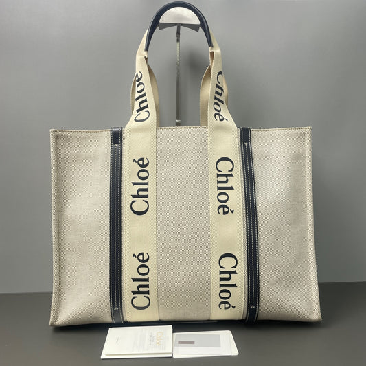 Chloé - Woody Tote Bag - Linen canvas with leather trim - Beige with Black accents - (large)