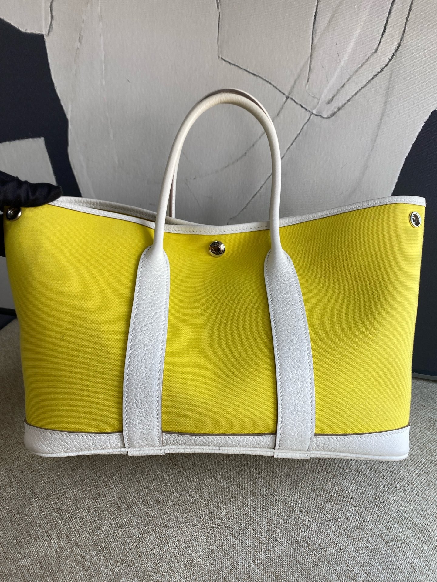 Hermès - Garden Party 30 - Canvas with Leather Trim - Lemon Yellow and White - (Medium)