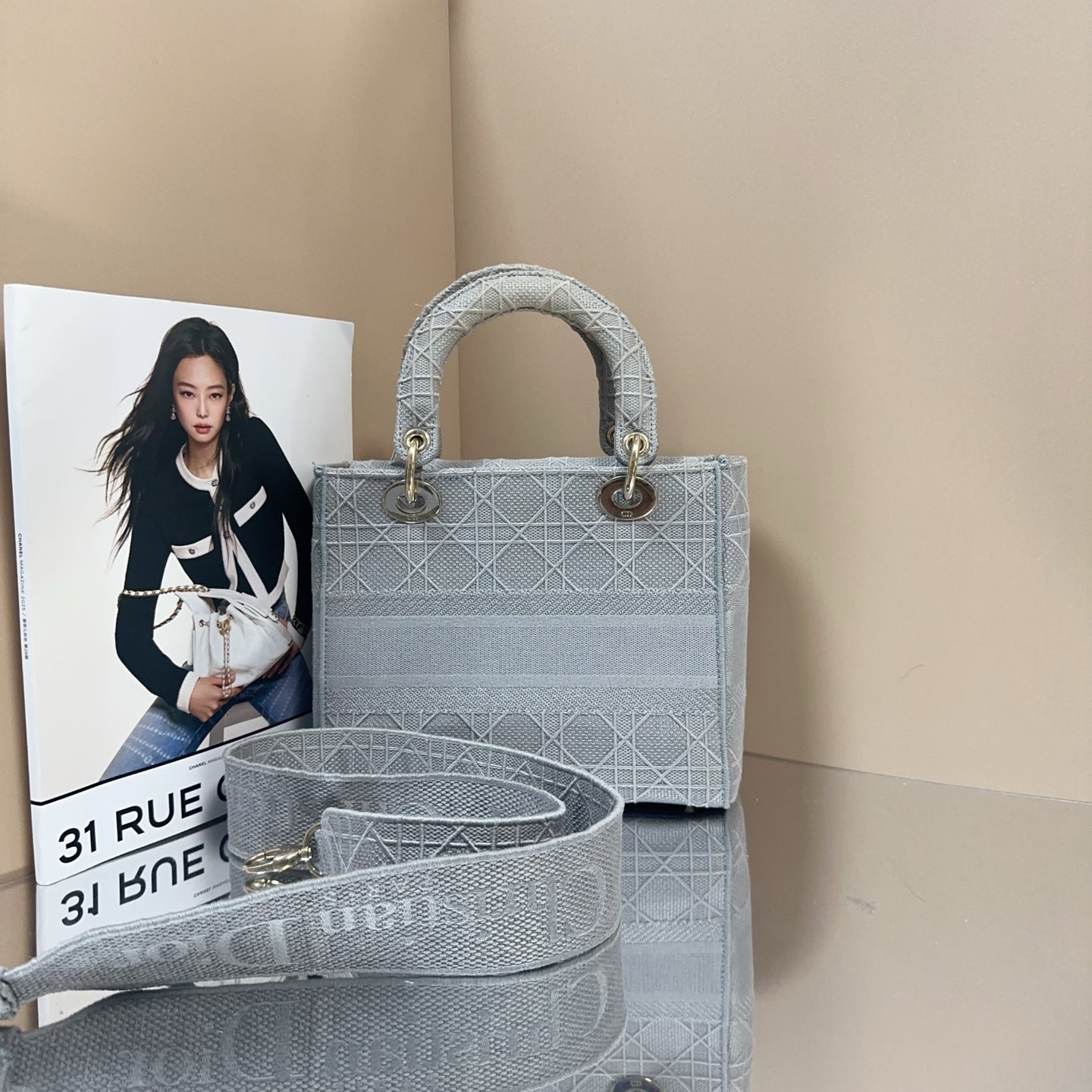 Dior - Lady Dior (Five-Grid Embroidered Series) - Cloth - Grey - (small)