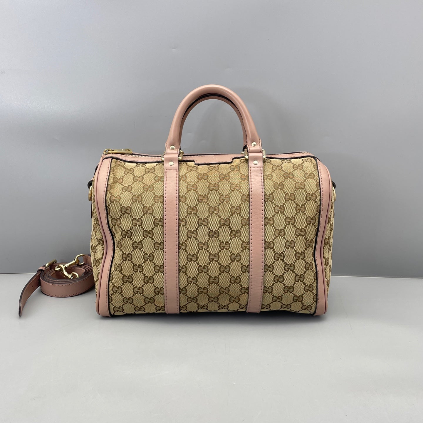 Gucci - Boston Bag - GG Monogram Canvas with Leather Trim - Beige and Pink with Brown Accents - (medium)