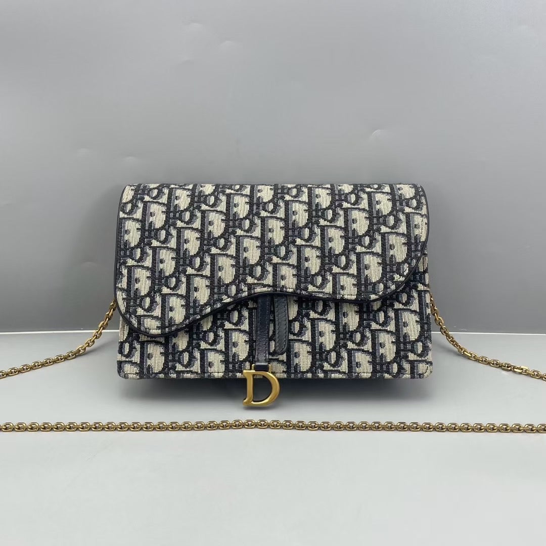 Dior - Saddle Wallet on Chain (WOC) - Oblique jacquard canvas with leather trim - Blue - (small)