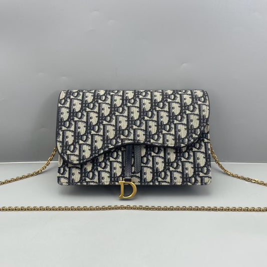 Dior - Saddle Wallet on Chain (WOC) - Oblique jacquard canvas with leather trim - Blue - (small)
