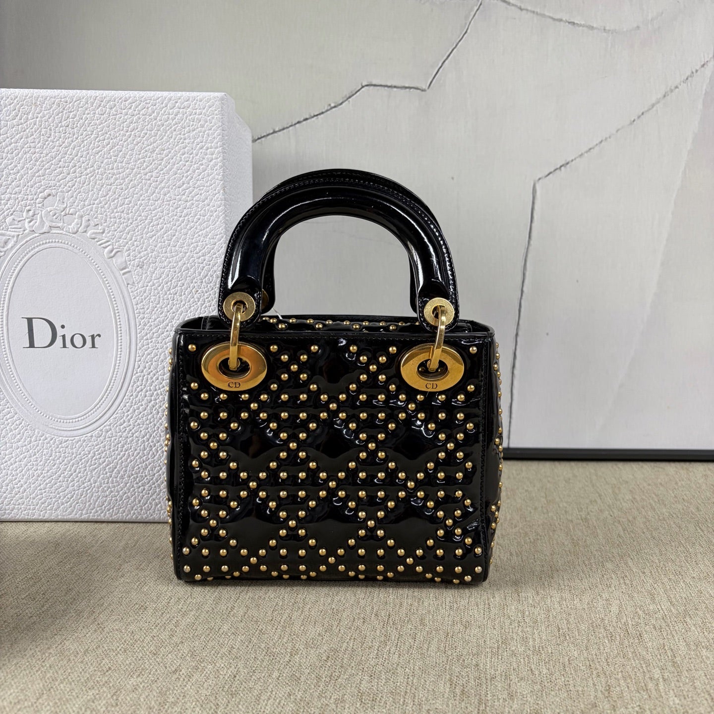 Dior - Lady Dior Mini Studded Bag - Patent leather - Black - (mini)