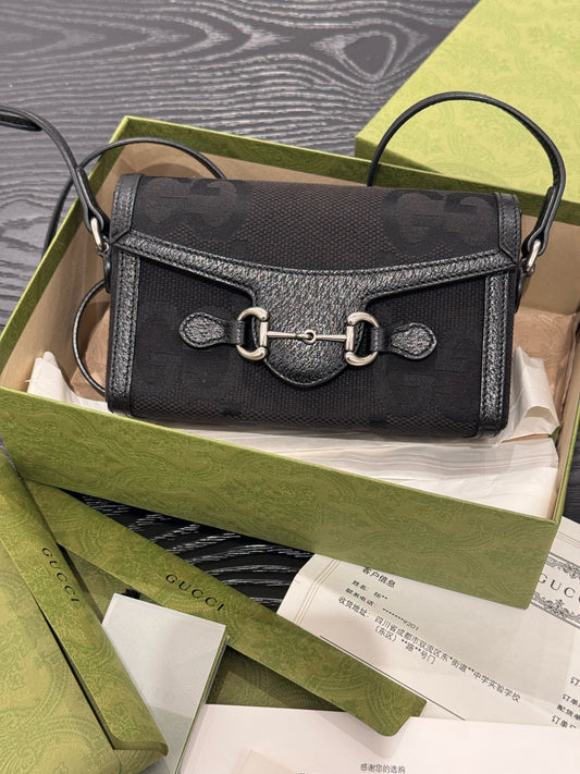 Gucci - 1955 Horsebit Super Mini Bag - GG canvas with leather trim - Black - (mini)