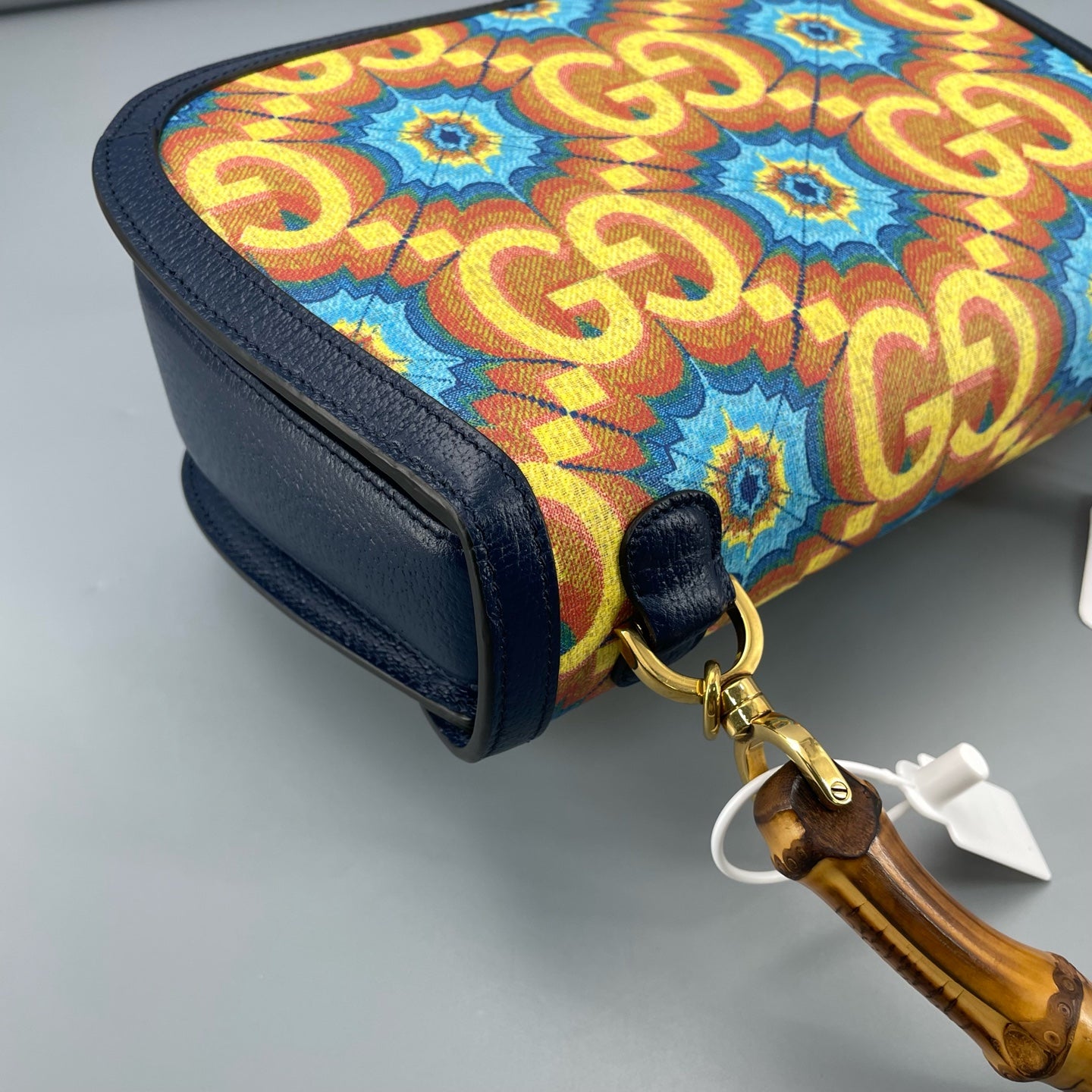 Gucci - 100th Anniversary Limited Edition Bamboo Bag - Grained leather and Canvas - Navy (with Multicolour pattern) - (Small)