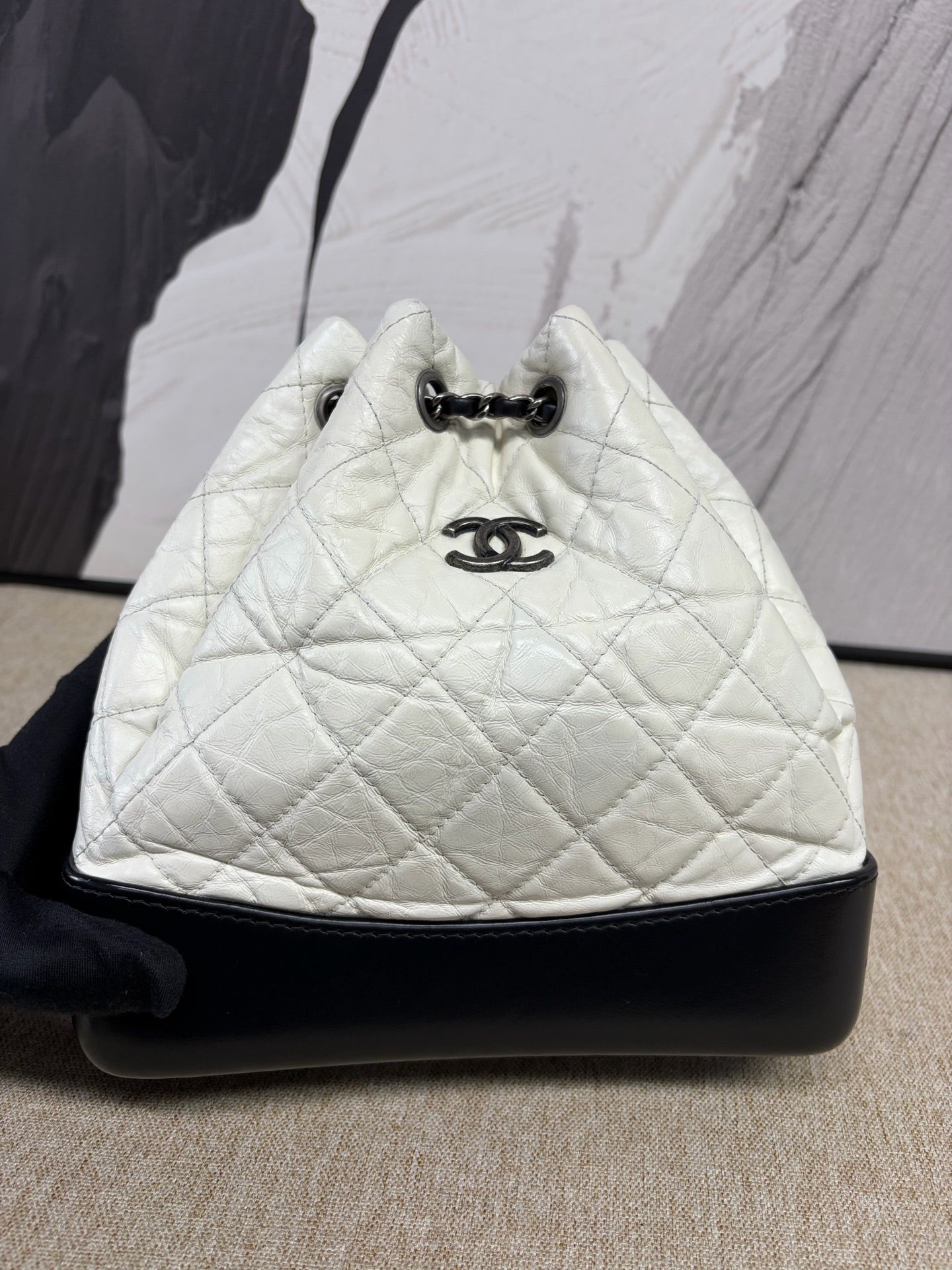 Chanel - Gabrielle Backpack - Distressed calfskin and smooth calfskin - Black and White with Silver-Tone Hardware - (Small)