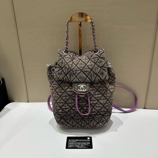 Chanel - Salzburg Washed Denim Drawstring Backpack - Denim with leather trim - Purple - (Small)