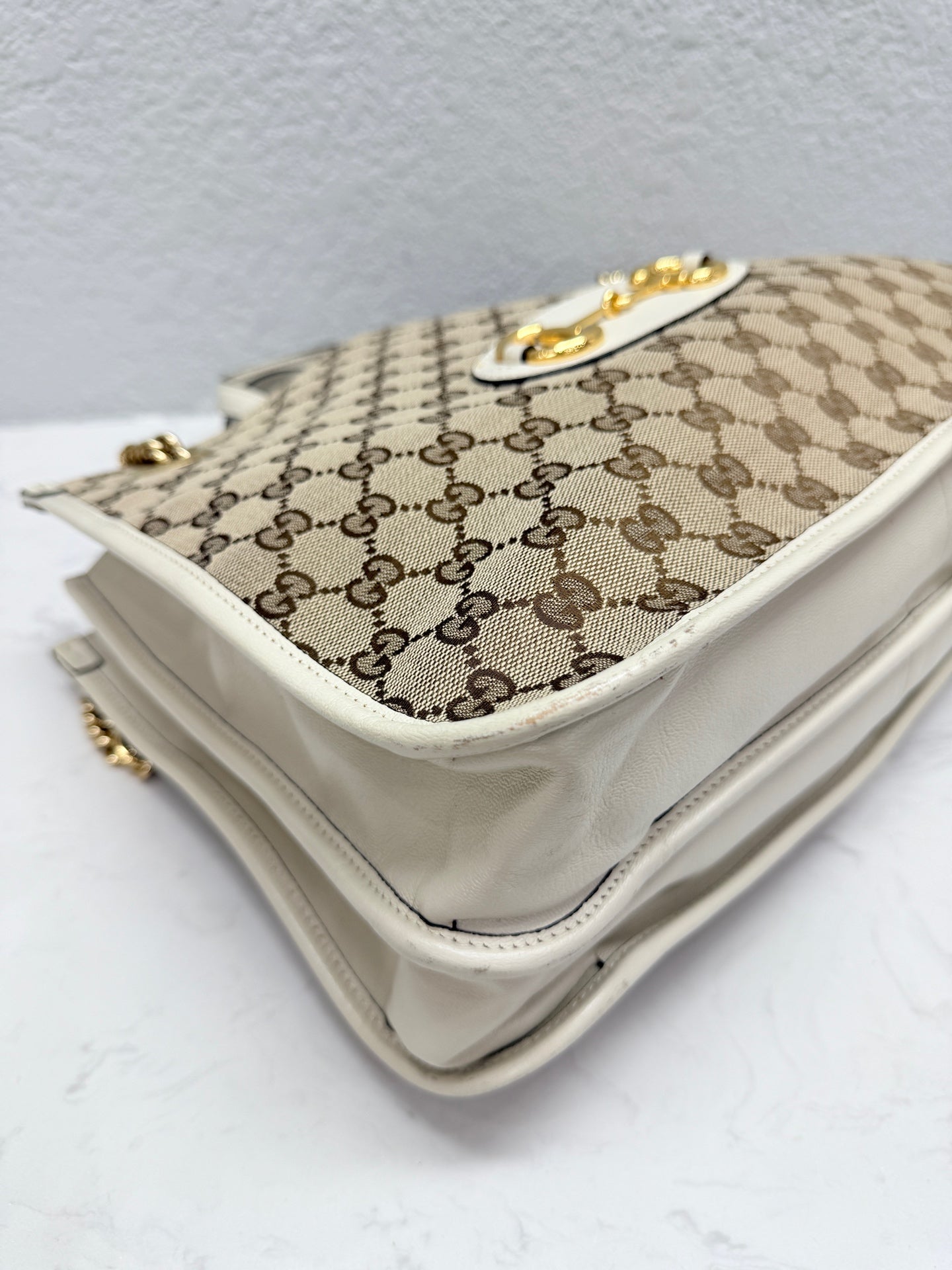 Gucci - 1955 Horsebit Tote - GG Supreme Canvas with Leather Trim - Beige and Cream - (medium)