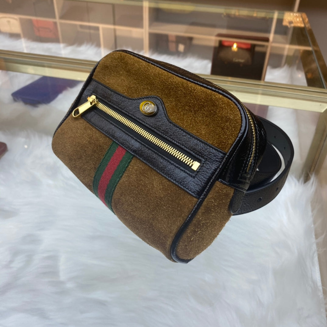 Gucci - Ophidia Belt Bag - Suede with patent leather trim and leather belt - Brown and Black with Red and Green accents - (Small)