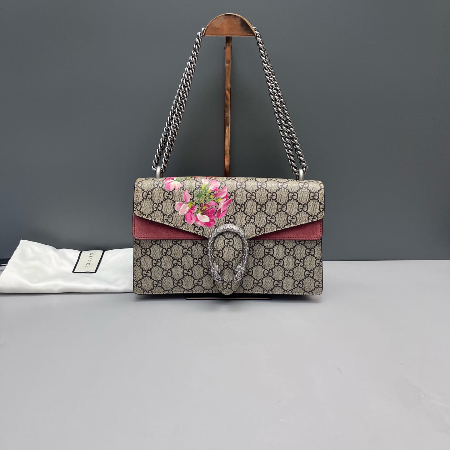 Gucci - Dionysus Shoulder Bag - GG Supreme canvas with floral print, pink/burgundy suede, and black leather trim - Beige, Multicolour (floral print), Burgundy (suede) - (Medium)