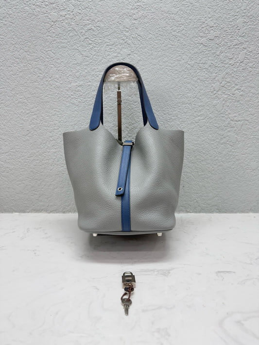 Hermès - Picotin Lock 22 - Taurillon Clemence leather - Agate Blue and Seagull Grey - (medium)