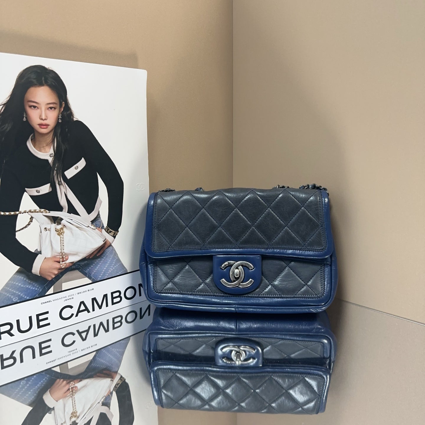 Chanel - Seasonal Flap Bag - Cowhide leather with textile panels - Dark Blue and Grey color-block with silver-tone hardware - (Small)
