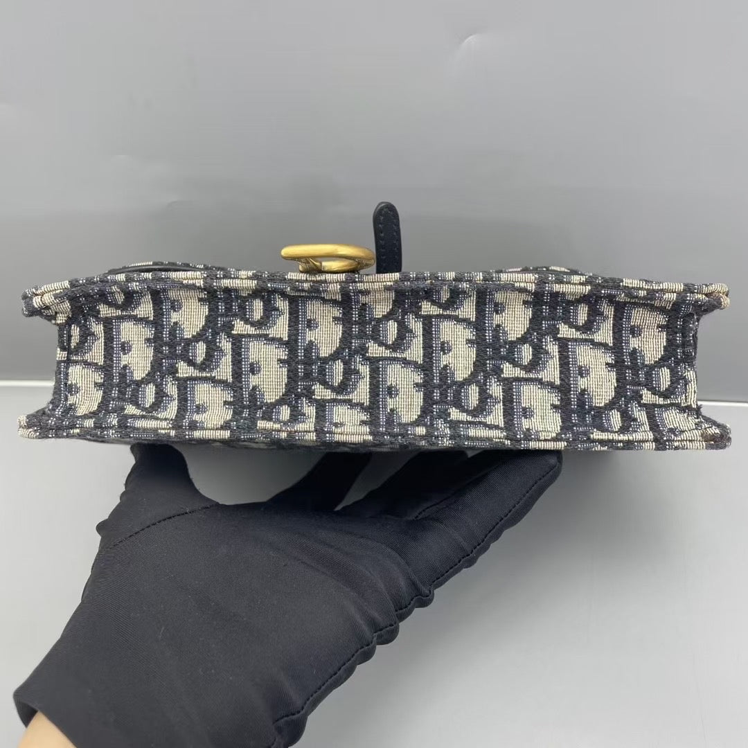 Dior - Saddle Wallet on Chain (WOC) - Oblique jacquard canvas with leather trim - Blue - (small)