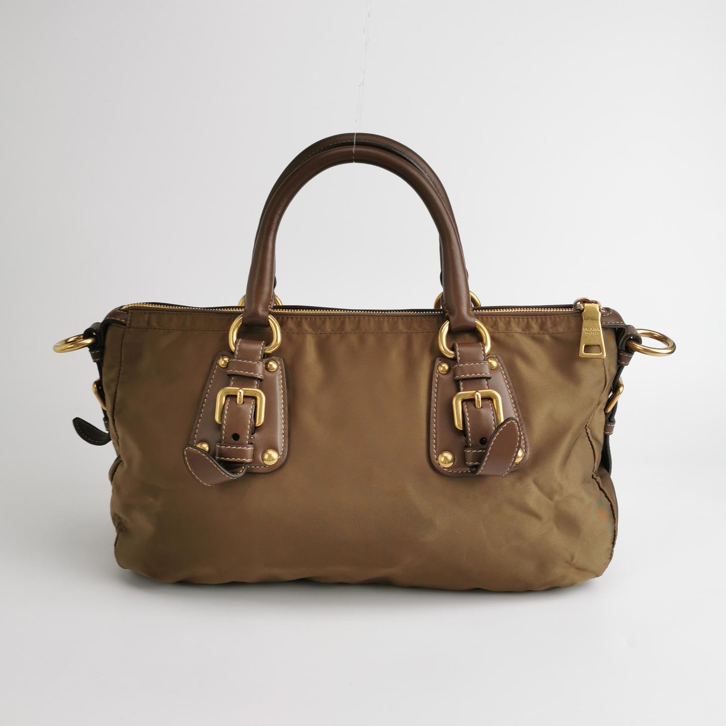Prada - Nylon Top Handle Bag - Nylon and Leather - Olive Green with Brown Accents - (Medium)