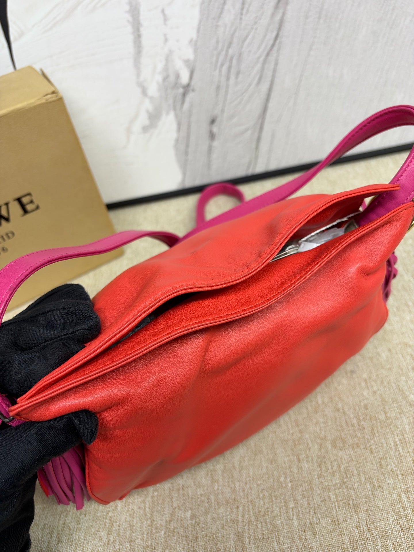 Loewe - Flamenco Tassel Drawstring Bag - Lambskin leather - Orange-Red and Rose Red - (Medium)