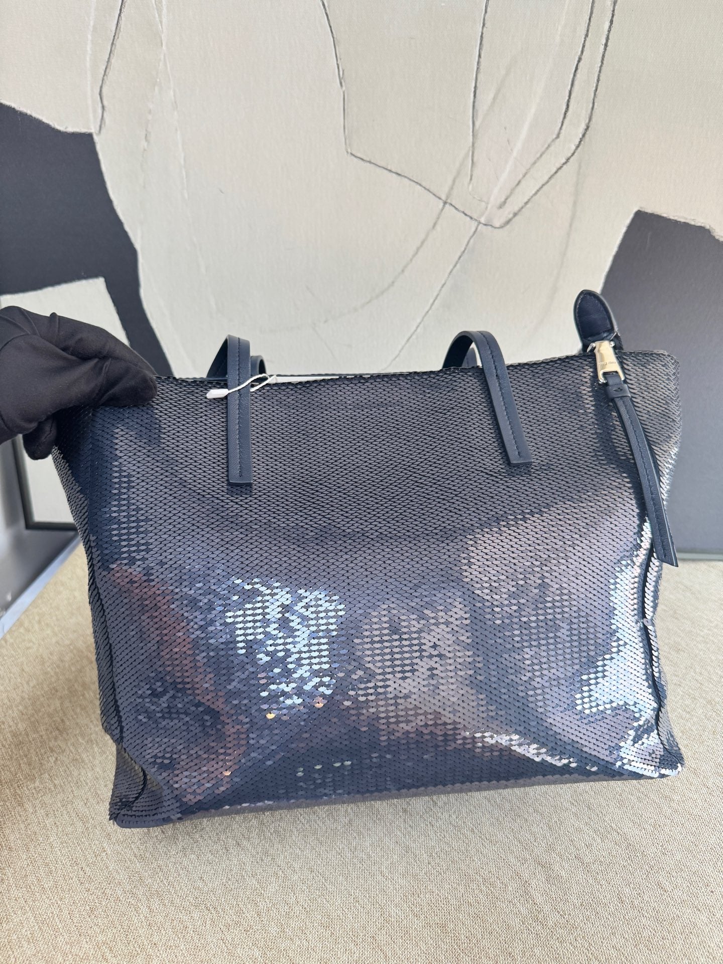 Miu Miu - 5BG147 Sequin Tote - Sequins on fabric with leather trim - Dark Blue - (medium)
