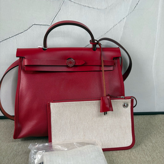 Hermès - Herbag Zip 31 - Waterproof canvas and Cowhide leather - Chili Red and Beige - (Small)
