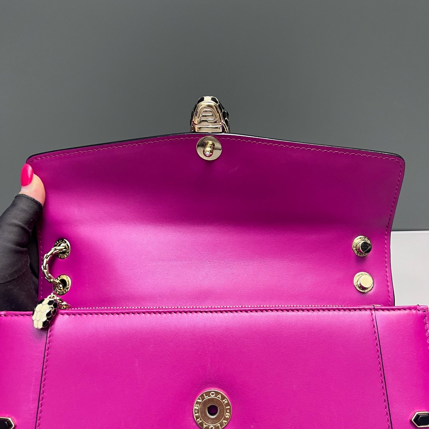 Bvlgari - Serpenti Forever Flap Bag with Studs - Smooth calf leather - Vibrant Magenta with Black Accents and Gold-Tone Hardware - (Medium)