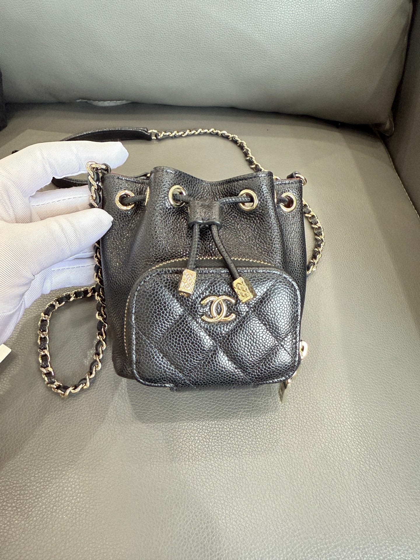 Chanel - 22B Drawstring Mini Bucket Bag - Grained calfskin leather - Black with Gold-Tone Hardware - (Mini)
