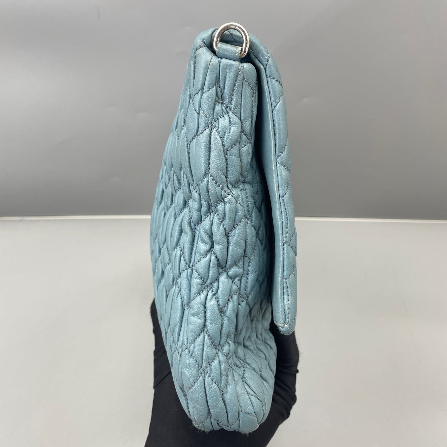 Miu Miu - Matelassé Gemstone Chain Pleated Bag - Leather - Blue - (medium)